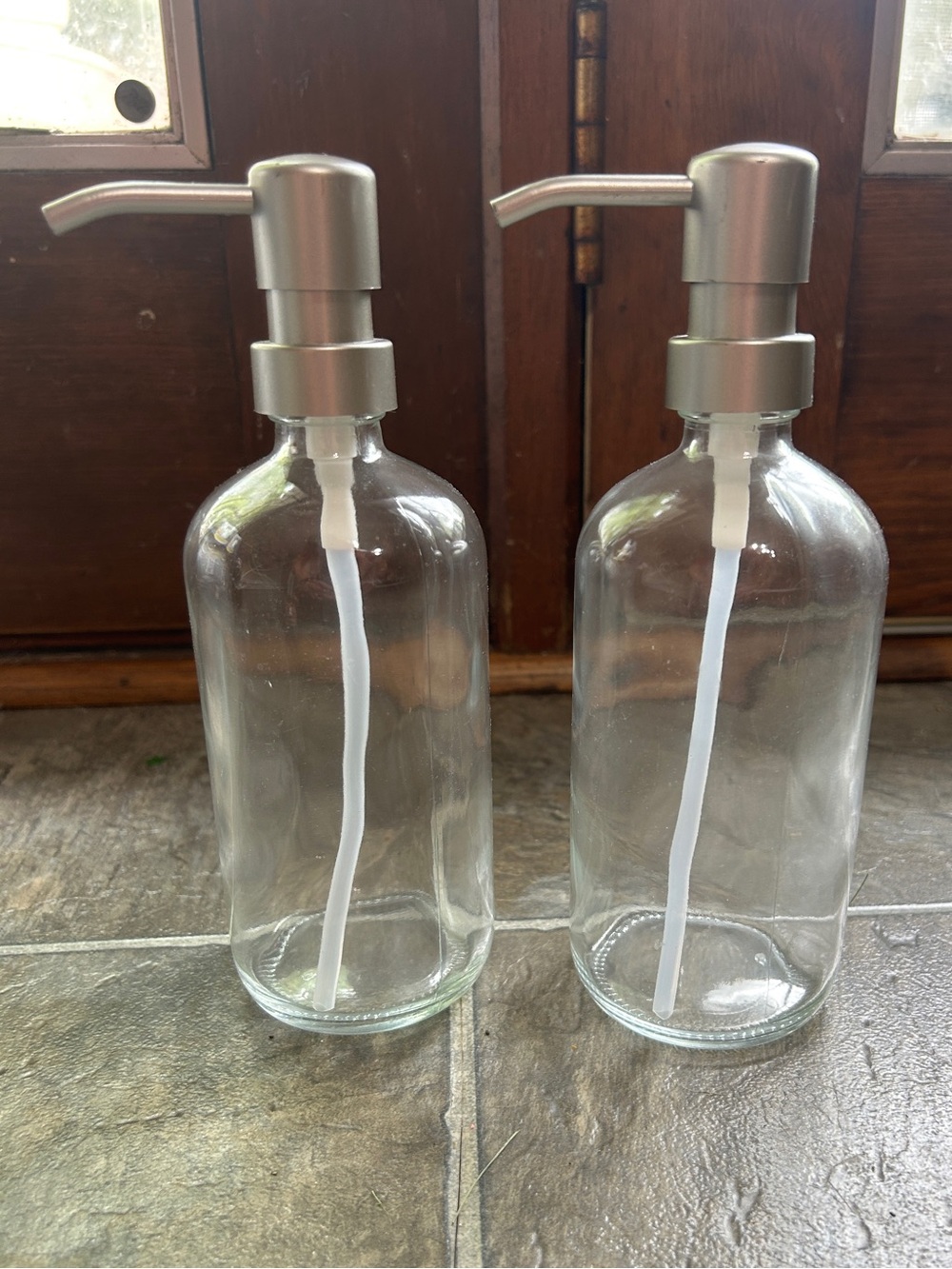 Clear Glass Soap Dispenser Bottles with Silver Pumps - Set of 2